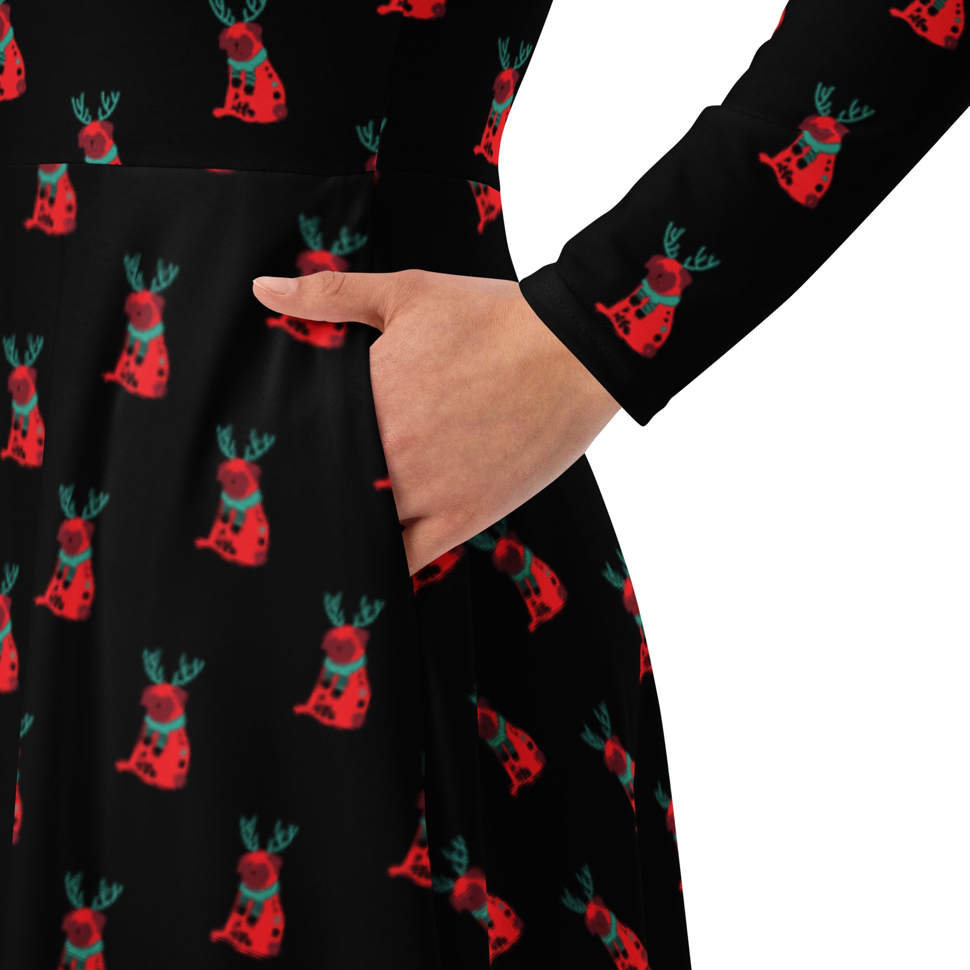 (Ruff Ruff Reindeer) All-over print long sleeve midi dress